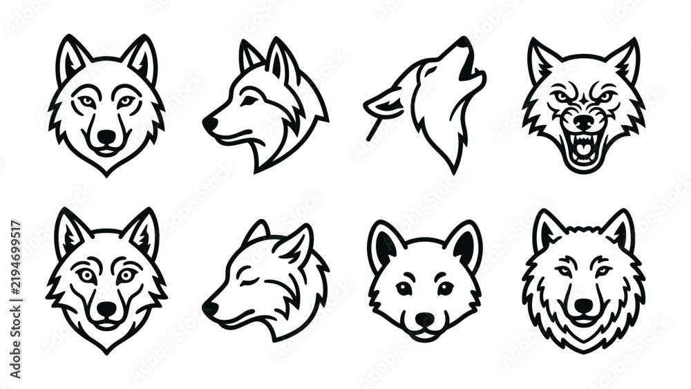 Fototapeta premium Set of Wolf Heads: A graphic illustration showcasing a collection of eight distinct wolf head icons, presented in a clean, minimalist line art style.