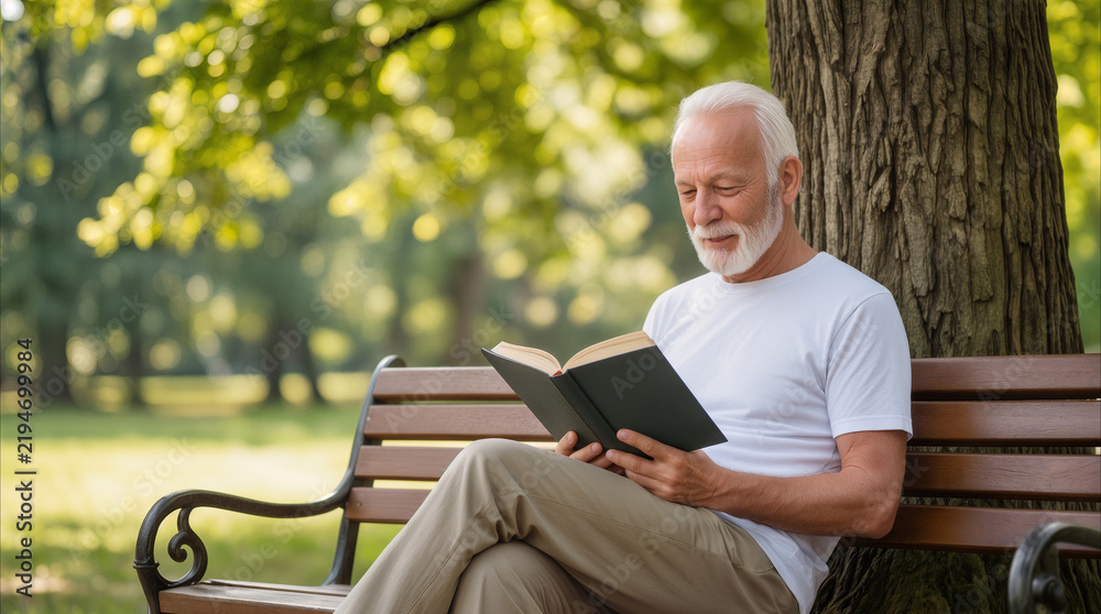 Fototapeta premium Retired man reading book on park bench. Senior citizen enjoying quiet leisure time in sunny public garden.