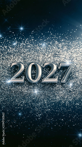 Shiny metallic silver numbers '2027' prominently displayed against a festive and sparkling dark blue background with scattered shimmering glitter and bright star-like light flares,