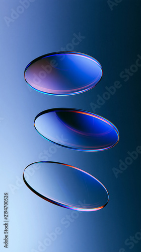 Abstract Luminous Elliptical Shapes Floating in Gradient Blue Space, Capturing Dynamic Light Refractions and Vibrant Color Edges, Representing Modern Technology, Digital Innovation, or