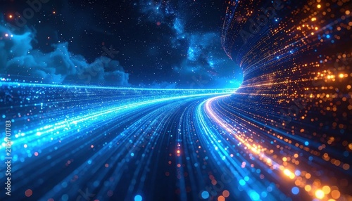 Abstract blue data stream flowing through digital space with glowing particles and light trails, big data analytics technology background, idea for network communication design