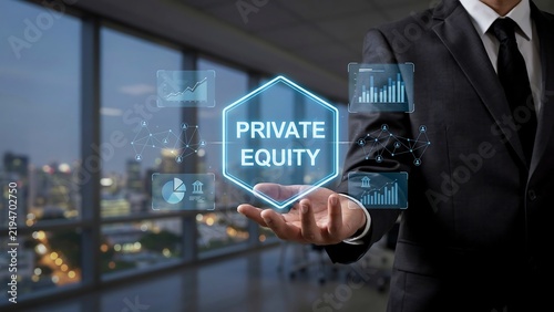 Business professional presenting private equity investment concept with futuristic interface