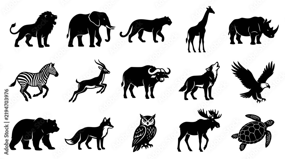Obraz premium Wildlife Safari Animals Vector Icons Set. Nature Wild Animal Silhouettes Collection. Black and White Glyphs