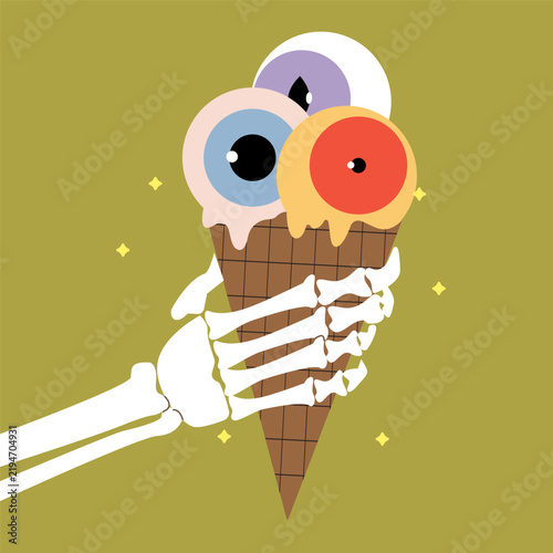 Cute Halloween skeleton ice cream greeting card.  Vector illustration