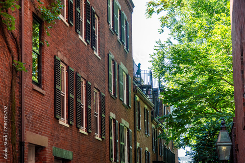 Картината върху платно Boston brick building with green shutters along leafy alleyway