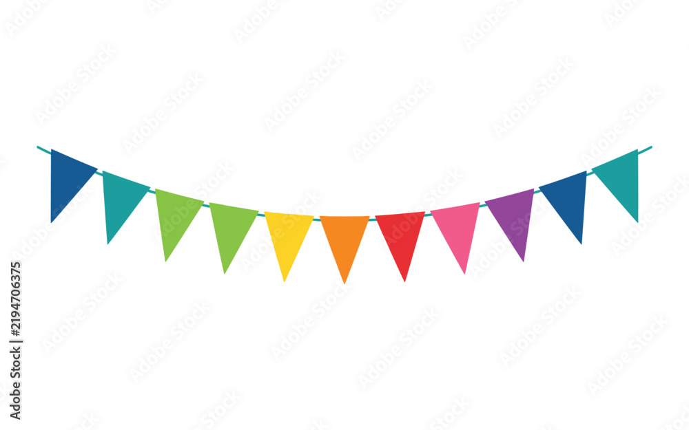 Fototapeta premium Colorful pennant banner hangs against a transparent background