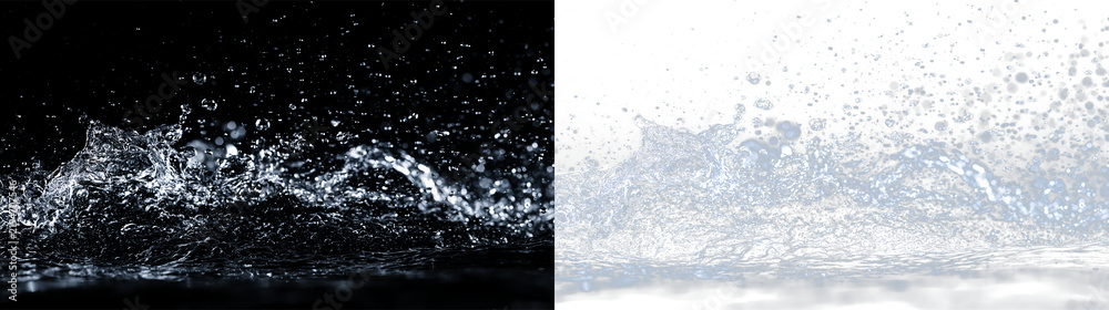 Obraz premium Panoramic water splash with mist and flying droplets on transparent background. Wide liquid wave overlay