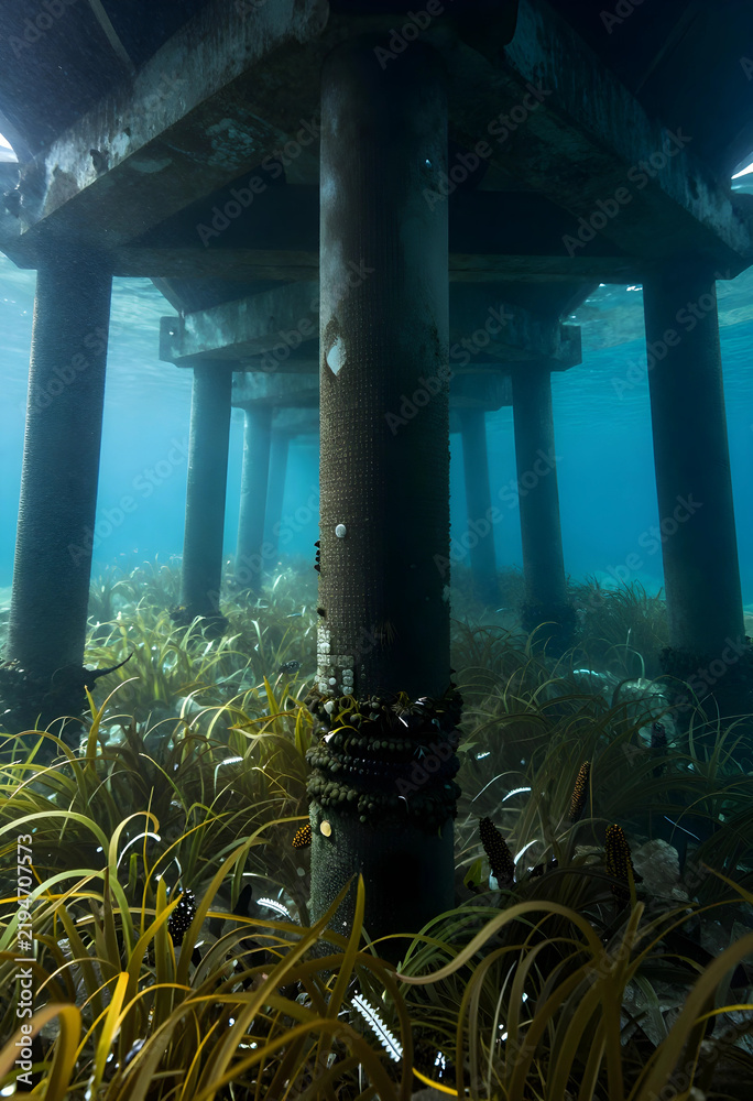Fototapeta premium Marine conservation and ocean pollution, underwater view of pier pilings with seagrass and barnacles in clear blue water for environmental awareness