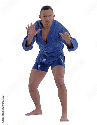 Martial arts fighter wearing blue kimono isolated on transparent layered background.