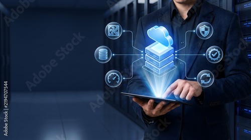 Man in suit using tablet to manage cloud server infrastructure with data security and performance icons in data center background