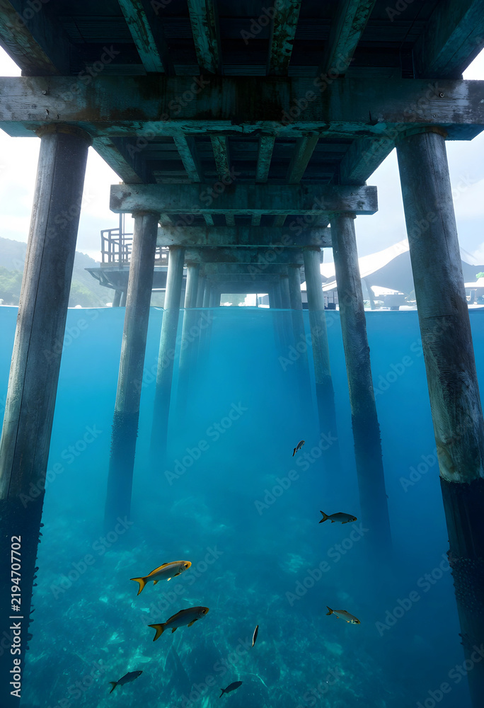 Fototapeta premium Marine conservation and ocean biodiversity, tropical fish swimming under a wooden pier in clear blue water with underwater view of marine ecosystem