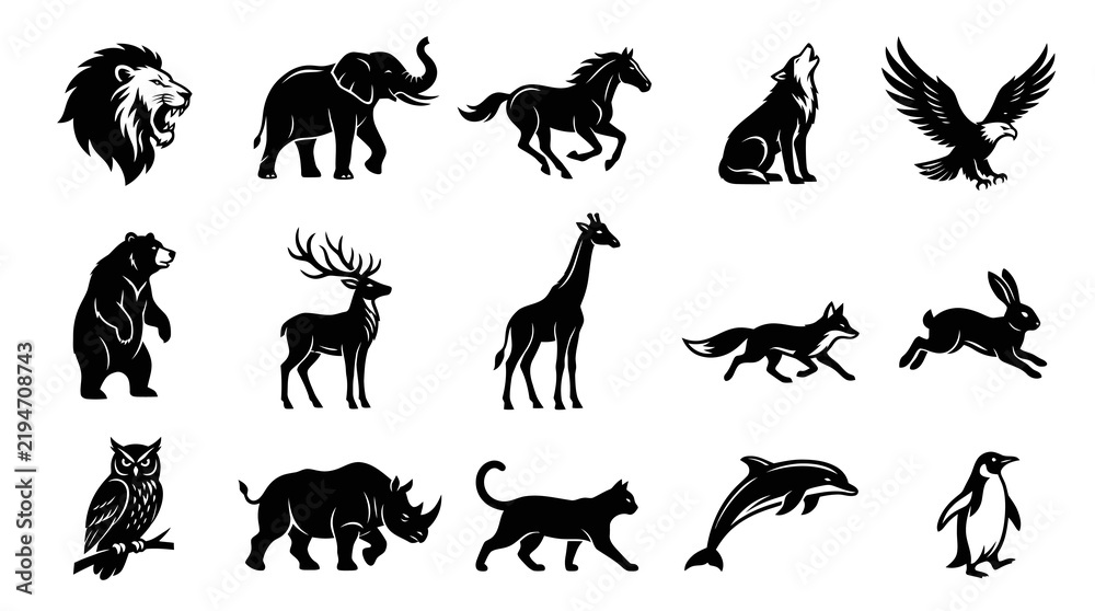 Obraz premium Wildlife Animals Silhouettes Vector Icons Set. Nature Fauna Black and White Glyph Collection.