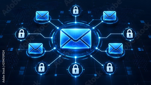 Glowing digital envelope connected to padlocks on a network grid representing secure email encryption and communication privacy