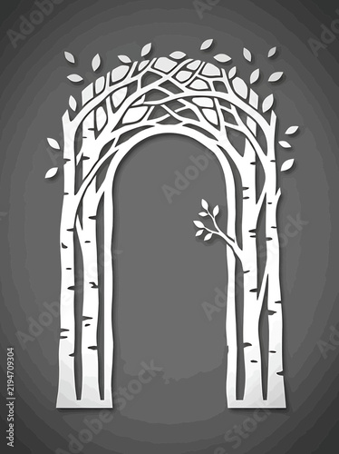 Beautiful birch tree archway in paper cut style with intertwined branches and leaves on a dark grey gradient background