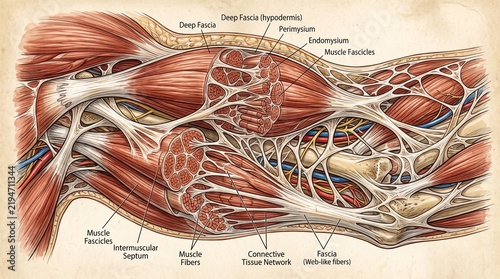 Anatomical Drawing of Muscle Fibers and Deep Fascia Network