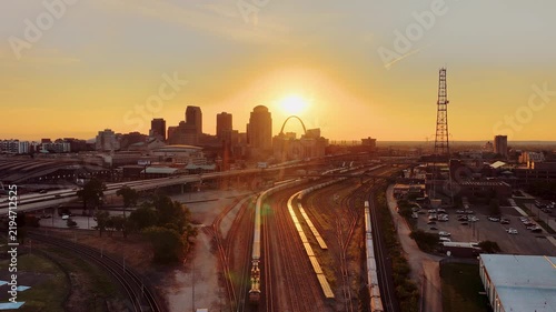 Aerial View of St. Louis Skyline at Sunset with Gateway Arch and Union Station