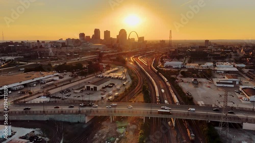 Aerial View of St. Louis Skyline at Sunset with Gateway Arch and Union Station