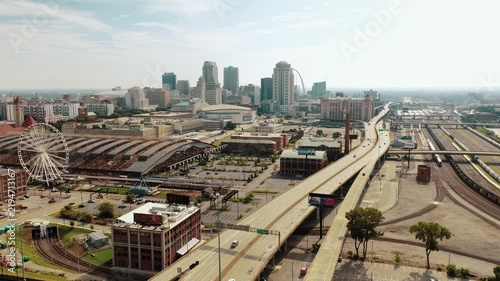 Aerial View of Downtown St. Louis with Union Station Ferris Wheel and Gateway Arch