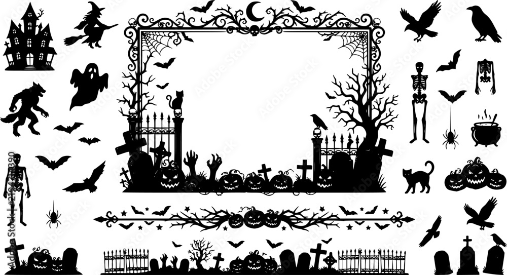 Fototapeta premium Black Halloween Frame Border and Divider Vector, Zombie Hands, Pumpkins, Tombstones, Crosses, Cat, Raven and Cemetery Fence Spooky Decorations