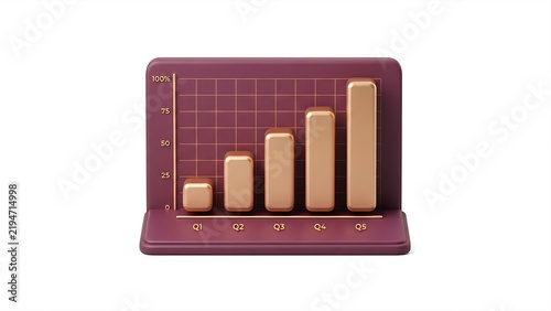  Financial Analytics Growth Chart Dashboard with Gold Bar Graph 3D Isometric Icon Isolated on White Background
