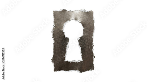 Keyhole cut out of dark textured paper isolated on a bright transparent background.