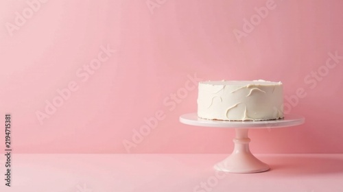 A single-layer vanilla cake with buttercream frosting sits on a pale pink cake stand against a soft pink background