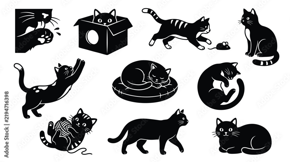 Obraz premium Black Cat Silhouette Vector Set, Cute Feline Poses and Kitten Actions, Minimalist Pet Animal Clipart Icons