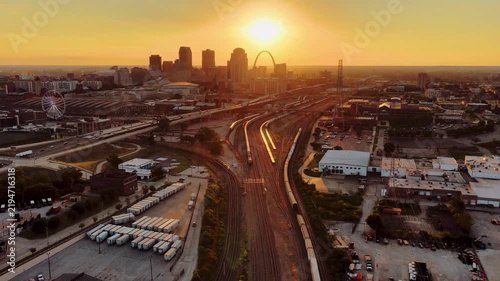 Aerial View of St. Louis Skyline at Sunset with Gateway Arch and Union Station