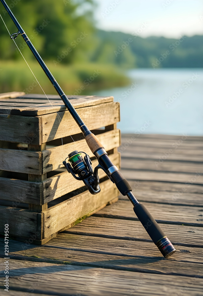 Fototapeta premium Fishing and outdoor recreation, spinning rod with reel leaning on wooden crate at lake pier for leisure activity and summer vacation travel lifestyle