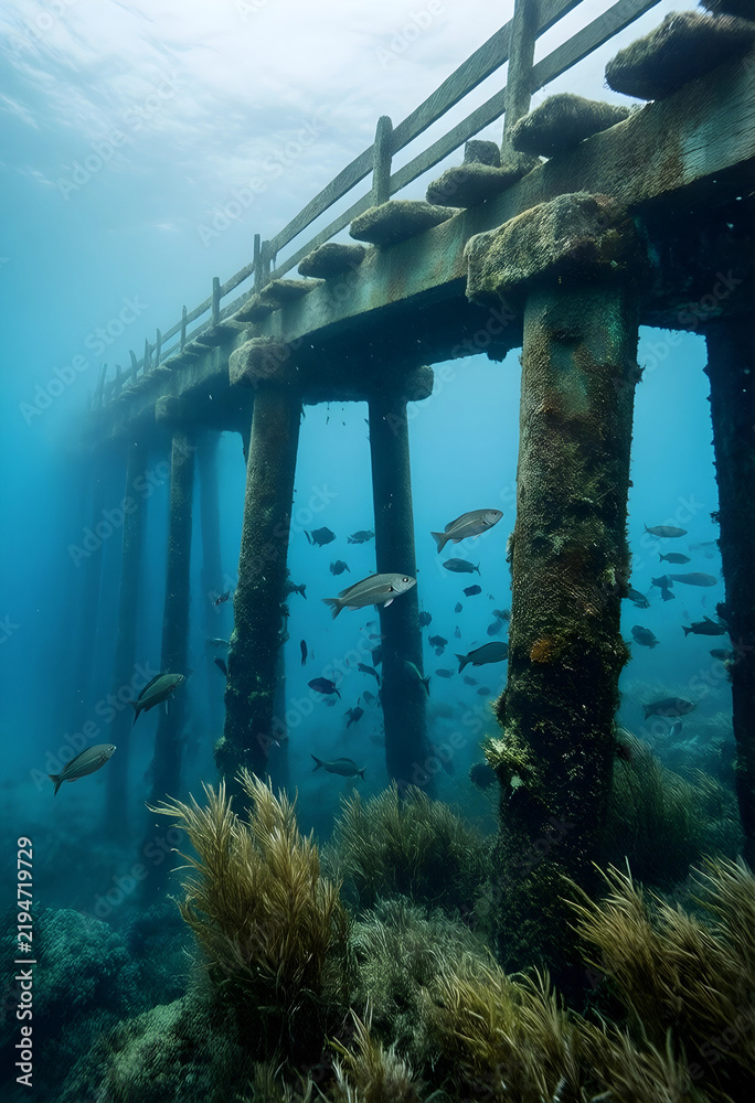 Fototapeta premium Marine conservation and ocean health, school of fish swimming under an old wooden pier in clear blue tropical water with coral reef ecosystem