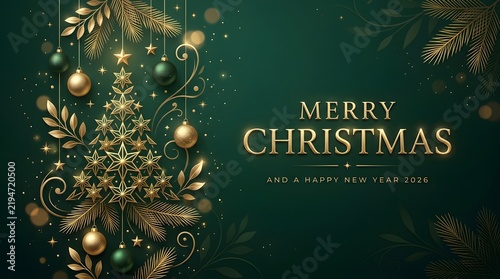Elegant merry christmas greeting card design with golden ornaments on a green background