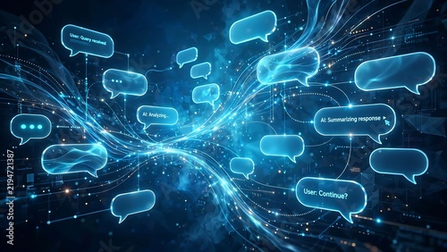 AI chatbot conversation flow visualized as glowing digital chat bubbles