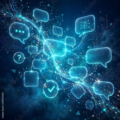Square abstract background of interconnected glowing chat bubbles