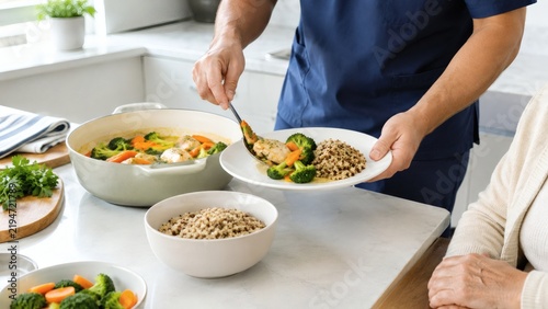 Caregiver serving healthy balanced meal to elderly person at home with home care elderly nutrition senior diet serving food