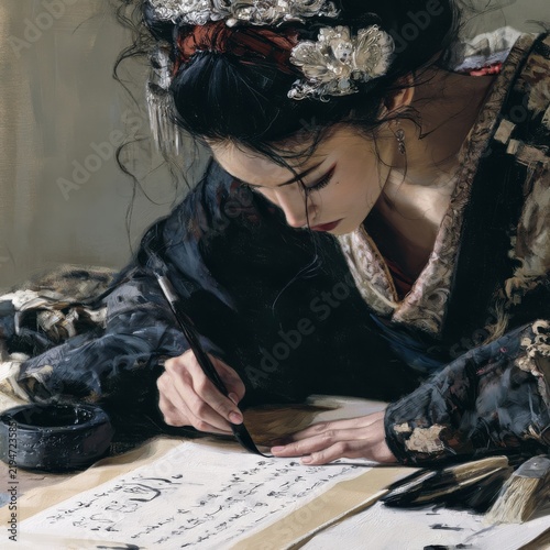 Traditional Japanese art, a geisha writing calligraphy on a scroll, focused expression, detailed inkstone and brushes