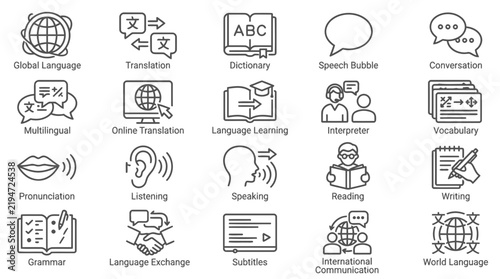 Картината върху платно Global communication and translation concept linear icons set.