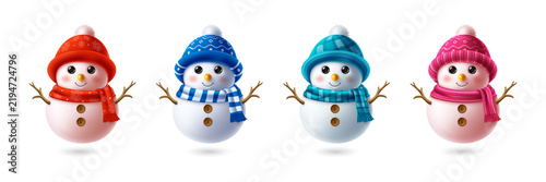 Four colorful winter snowmen set isolated on a transparent background