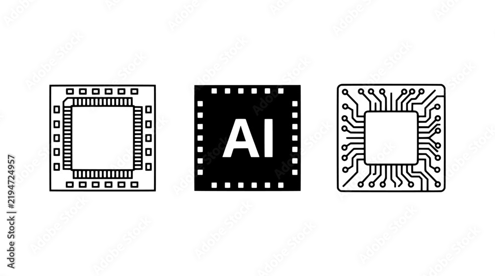 Fototapeta premium Set of three black microchip processor icons with circuit board design and artificial intelligence symbol on white background