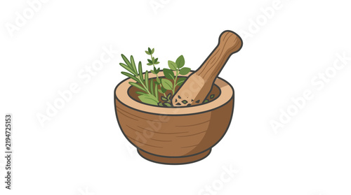 Wooden mortar and pestle with fresh green culinary herbs