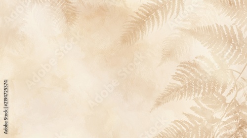 Rustic boho earth tone backdrop watercolor concept. Beige botanical pattern with detailed fern leaves on textured background