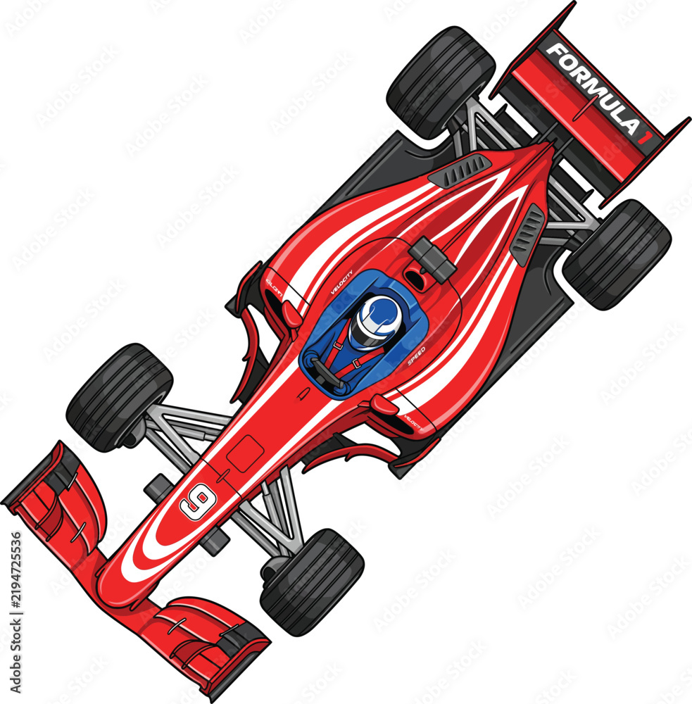 Obraz premium Red Formula 1 racing car vector illustration, top view of high speed open wheel race car, professional motorsport vehicle with number 9