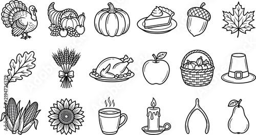 Thanksgiving autumn harvest festival vector icon set featuring turkey pumpkin pie cornucopia sunflower pilgrim hat outline illustration for seasonal branding