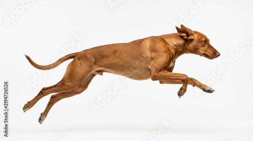 Brown dog running and jumping against white background, full body shot, motion