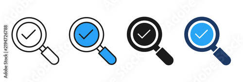 Quality control assessment and search verification icon collection with magnifier and check mark in outline, glyph, and color style