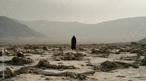 A mysterious cloaked figure standing alone in a desolate desert valley covered with animal remains