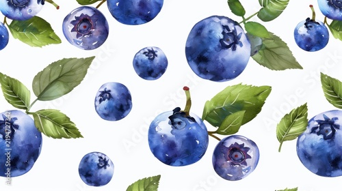 Watercolor Illustration of Fresh Blueberries with Green Leaves on White Background