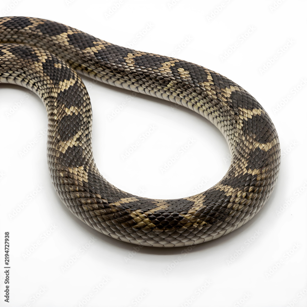 Obraz premium Wildlife conservation and biodiversity, close up of a patterned snake body with textured scales isolated on a clean white background for nature study