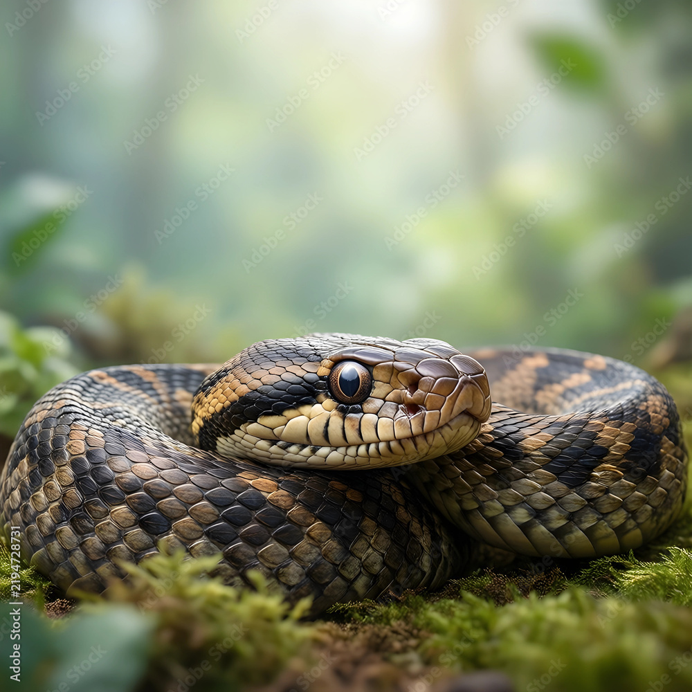 Obraz premium Wildlife conservation and biodiversity, close up of a coiled snake in a natural forest habitat with soft green bokeh background for environmental themes