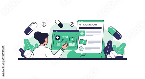 AI-Powered Medical Triage System Illustration with Healthcare Professional and Digital Data Screens