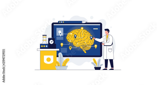 Medical Scientist Analyzing Human Brain Anatomy on Digital Screen for Neuroscience Research and Healthcare Innovation Vector Illustration